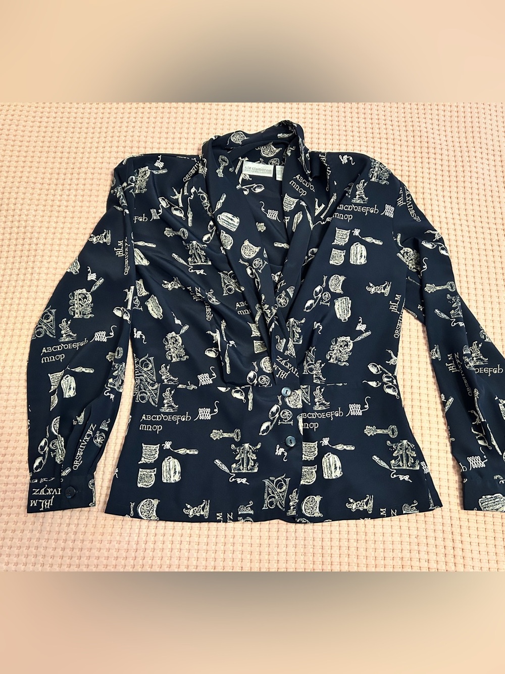 Vintage Liz Claiborne Black and Cream Swag Collar Printed Blouse